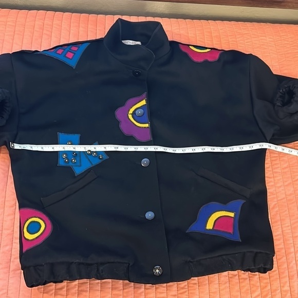 Marylou Ozbolt Storer 80’s Washed Wool Abstract Appliqué colorful jacket sz Med - Picture 10 of 15
